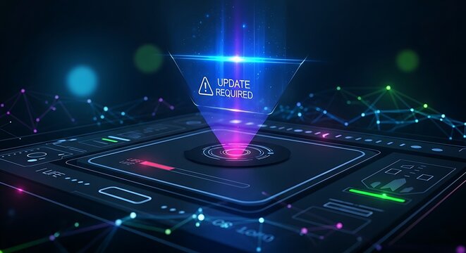 Planned obsolescence concept. A product's holographic interface shows a nearly depleted "lifespan" bar with an "UPDATE REQUIRED" alert.