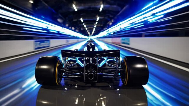 Dynamic rear view of a race car in motion with blue light trails, captured from a low-angle, creating a futuristic video game style. Live desktop wallpaper.
