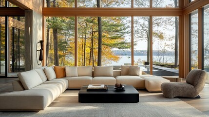 Fototapeta premium Luxury Lakeside Living Room With Autumn View And Modern Design