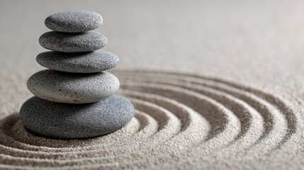 Zen Garden Stones: A serene arrangement of five gray stones stacked in perfect balance atop a bed of raked sand, forming a classic zen garden design. 