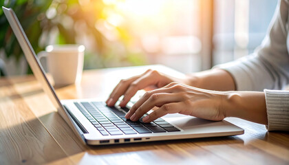 Fototapeta premium Hands at Work: Focused hands deftly navigate a sleek laptop, engrossed in the act of typing, illuminated by the soft glow of natural light, perfect for illustrating productivity.