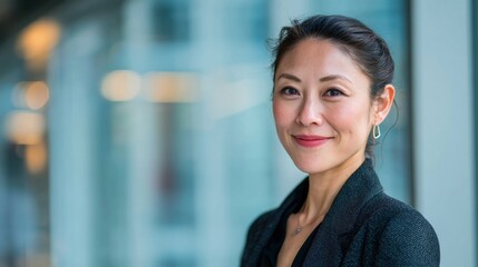 Naklejka premium Poised Confidence: A portrait of a poised and self-assured woman, radiating professionalism and intelligence. Her presence is captivating, set against a sleek backdrop.