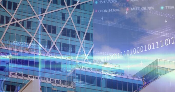 Camera holding, data streams flowing across facade and tickers updating values for market trends