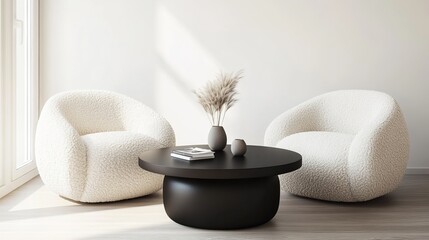Minimalist Interior With Boucle Armchairs And Modern Coffee Table