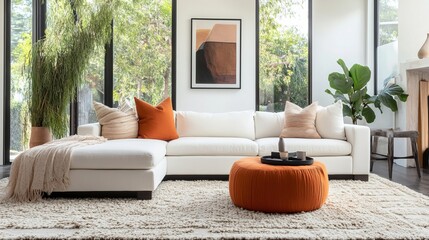 Modern Living Room Interior With Cozy White Couch And Orange Accents