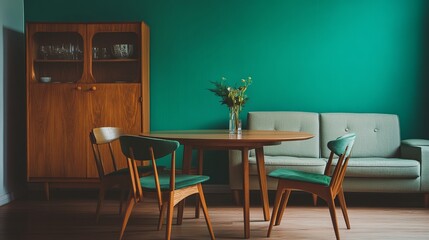 Stylish Living Room Interior With Teal Wall And Wooden Furniture
