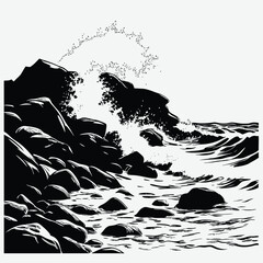 Crashing waves with silhouetted rocks image silhouette design vector art and illustration
