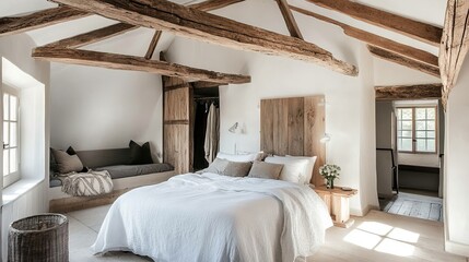 Rustic Bedroom Interior With Wooden Beams And White Bedding