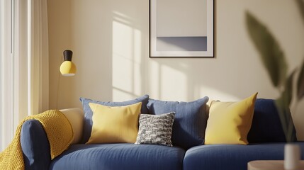 Cozy Living Room Interior With Blue Sofa And Yellow Accents