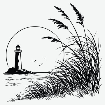 Sunset through beach grass  image silhouette design vector art and illustration