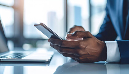 Naklejka premium Mobile Connection: A professional individual, immersed in the digital realm, interacts with a sleek mobile device, symbolizing the power of communication in the modern business world. 