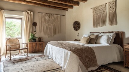 Bohemian Bedroom Interior With Macrame And Natural Light