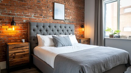 Cozy Bedroom Interior With Brick Wall And Rustic Furniture