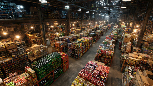A warehouse full of food and drinks. The warehouse is very large and has many different types of food and drinks - Powered by Adobe