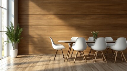 Modern Dining Room With Wood Wall, Chairs, Table And Light
