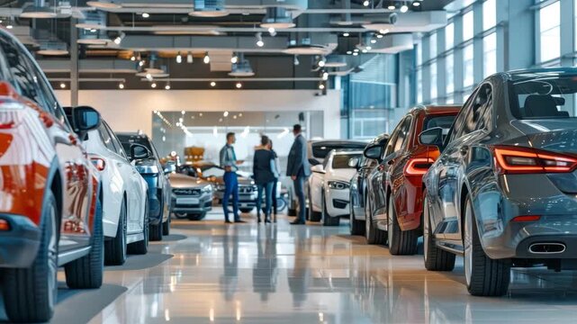 Modern car showroom featuring various models with customers discussing options in bright, spacious environment