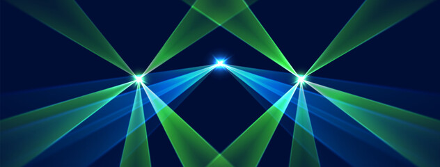 Laser rays or beams, glowing neon lines, bright futuristic background. Motion or speed light effect. Concert or nightclub spotlights. Vector illustration.