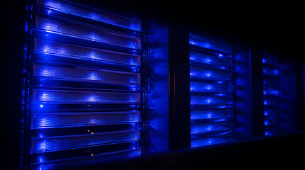 Close-up of glowing blue server rack lights creating an abstract technological pattern on a dark background.