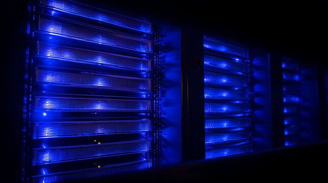 Close-up of glowing blue server rack lights creating an abstract technological pattern on a dark background.