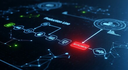 Production bottleneck concept. A holographic flowchart of a production line highlights a specific stage in red, identifying it as the bottleneck.