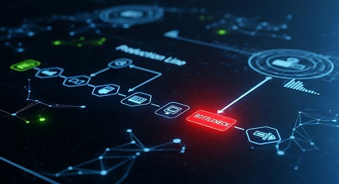 Production bottleneck concept. A holographic flowchart of a production line highlights a specific stage in red, identifying it as the bottleneck.