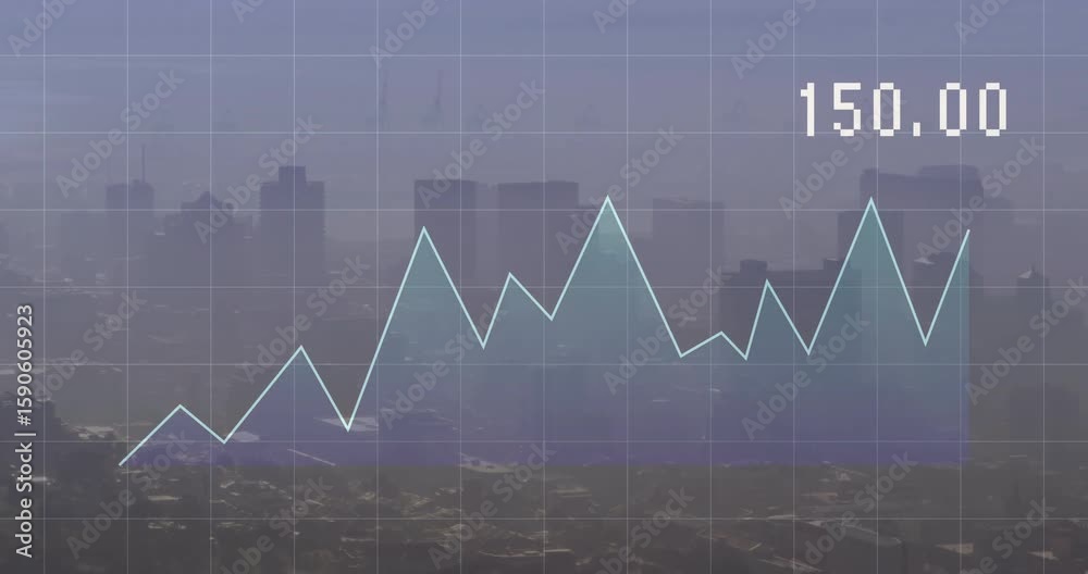 Poster hazy skyline fading in with grid, white line graph growing peaks, shading area visualizing data