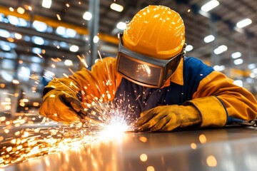 Spark and Skill: A skilled welder in a yellow hard hat and protective gear skillfully guides a welding torch, igniting a brilliant display of sparks in an industrial environment.