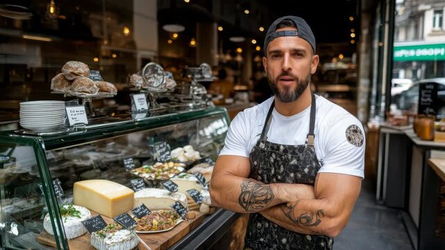Chef showcases artisanal cheeses and bakery goods in a lively shop during afternoon hours - Powered by Adobe