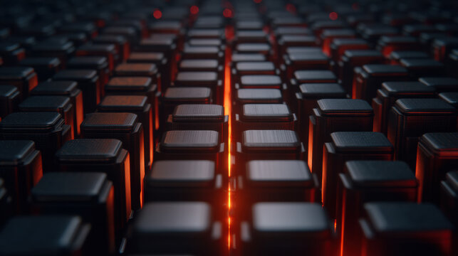 Close-up of a futuristic keyboard with glowing red backlight illuminating the black keys in a dark environment.