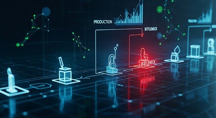 Production bottleneck concept. A holographic flowchart of a production line highlights a specific stage in red, identifying it as the bottleneck.