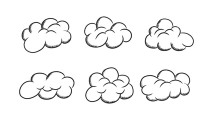 Collection of Hand-Drawn Black and White Clouds in Various Shapes and Styles