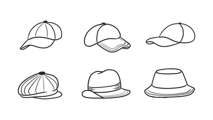 Collection of Various Hand-Drawn Hats and Headwear in Sketch Style