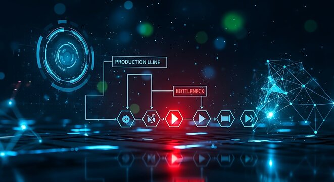 Production bottleneck concept. A holographic flowchart of a production line highlights a specific stage in red, identifying it as the bottleneck.