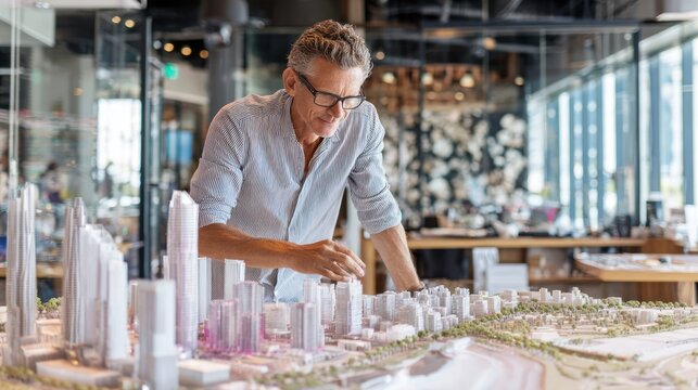 Architect examining city model