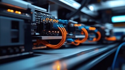 Close-up of tech components with orange and blue cables