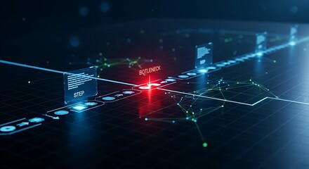 Production bottleneck concept. A holographic flowchart of a production line highlights a specific stage in red, identifying it as the bottleneck.