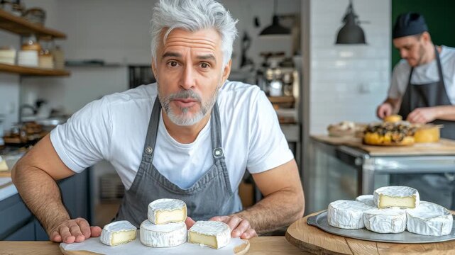 Experienced cheesemaker presents artisanal cheese varieties in a cozy kitchen setting during a midday culinary session