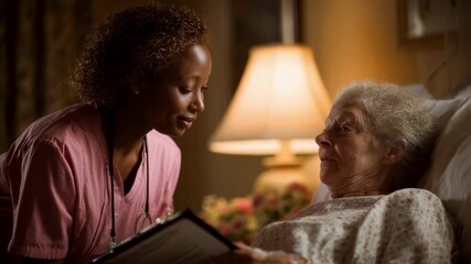 In a softly lit hospital room a nurse leans over an elderly patient carefully adjusting their IV line while maintaining eye contact. The atmosphere is calm and supportive with the nurse