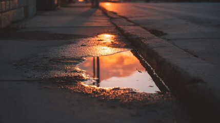 Sunset reflection in puddle