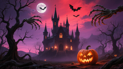 A hauntingly surreal Halloween scene under a vibrant, blood-red sky that transitions into deep purples and pinks. Halloween, Halloween Costumes, Halloween Background, Happy Halloween