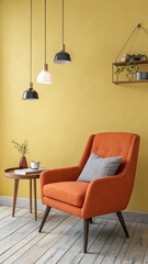 Fototapeta premium Cozy orange armchair with pendant lights and a small side table in a yellow room