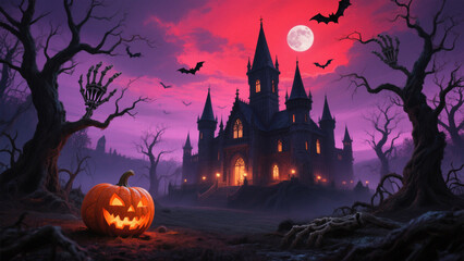 A hauntingly surreal Halloween scene under a vibrant, blood-red sky that transitions into deep purples and pinks. Halloween, Halloween Costumes, Halloween Background, Happy Halloween