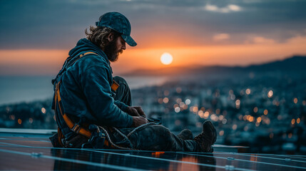 Solar Technician Installing Photovoltaic Panel at Sunset — Ideal for Renewable-Energy Campaigns