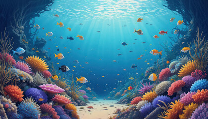 Obraz premium Colorful Coral Reef with Tropical Fish in Bright Blue Ocean Water