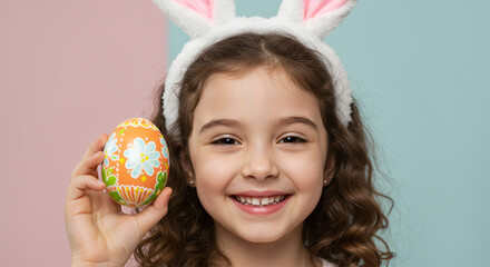 Happy girl wearing bunny ears holds a decorated Easter egg.
