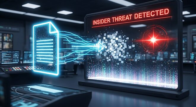Insider threat detection concept. A holographic interface shows a confidential file being moved outside a secure network, with a red alert.