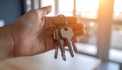 Hand holding house keys in front of a window