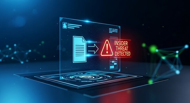 Insider threat detection concept. A holographic interface shows a confidential file being moved outside a secure network, with a red alert.