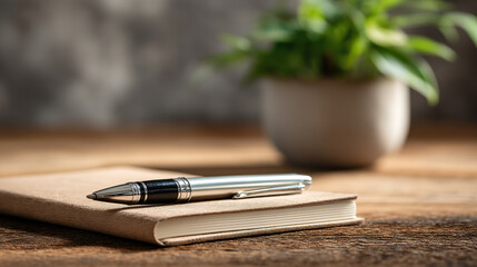 Silver pen on textured notebook with plant, evoking writing, creativity, and workspace calm