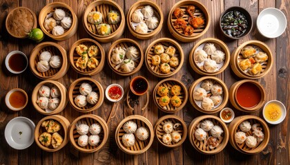 Fototapeta premium A Delicious Array of Dim Sum Baskets on a Rustic Wooden Tabletop, Mouthwatering Assortment of Steamed Dumplings for an Authentic Asian Dining Experience